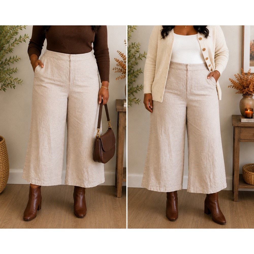 XL 145 H&M NWT Linen Blend Wide Leg Cropped Pants Neutral Coastal Quiet Luxury